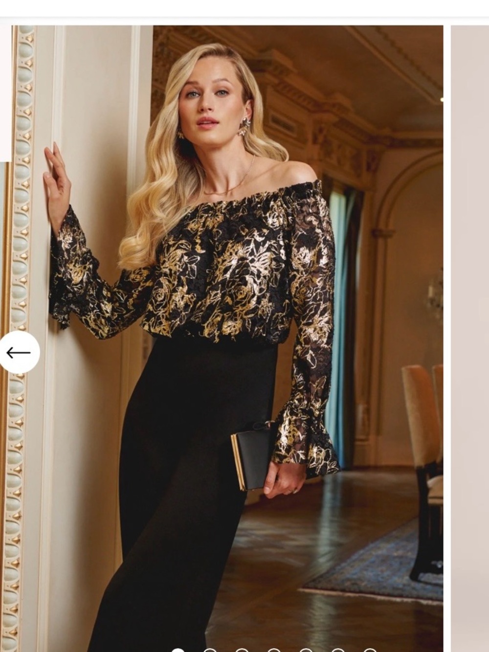 Adrianna Papell - Off-Shoulder Floral Blouse & Black Wide-Leg Pants Jumpsuit - Picture 3 of 8
